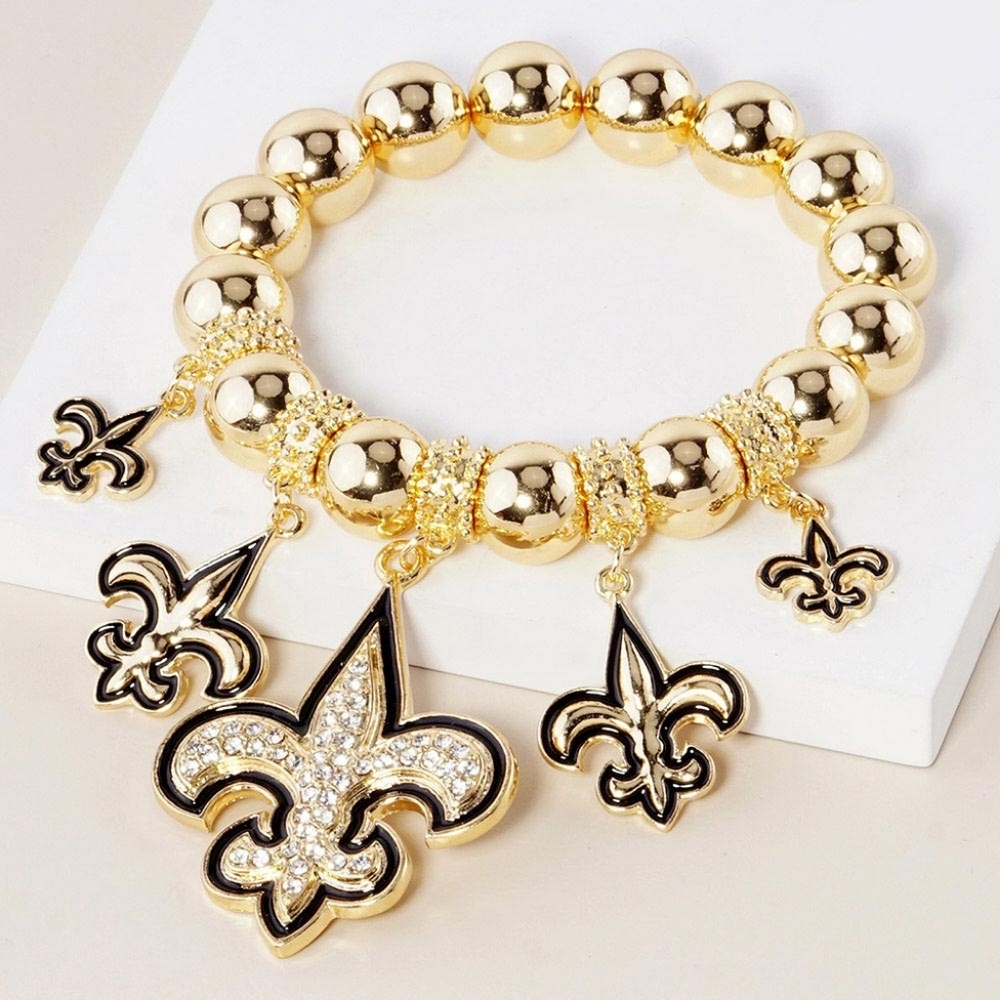 Fleur De Lis Metal Ball Rhinestone Charm Stretch Bracelet